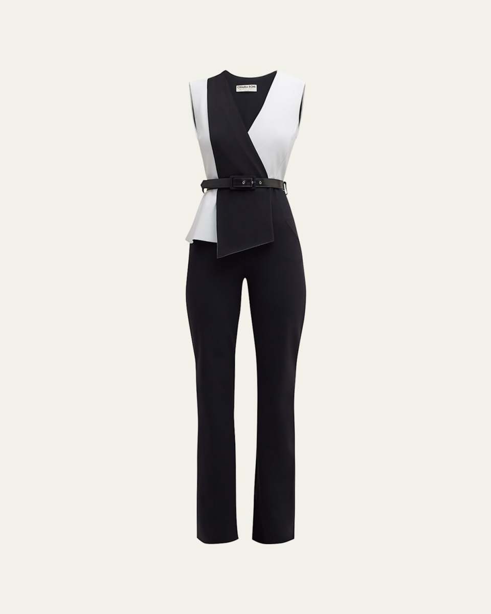 Belted Sleeveless Two-Tone Jumpsuit